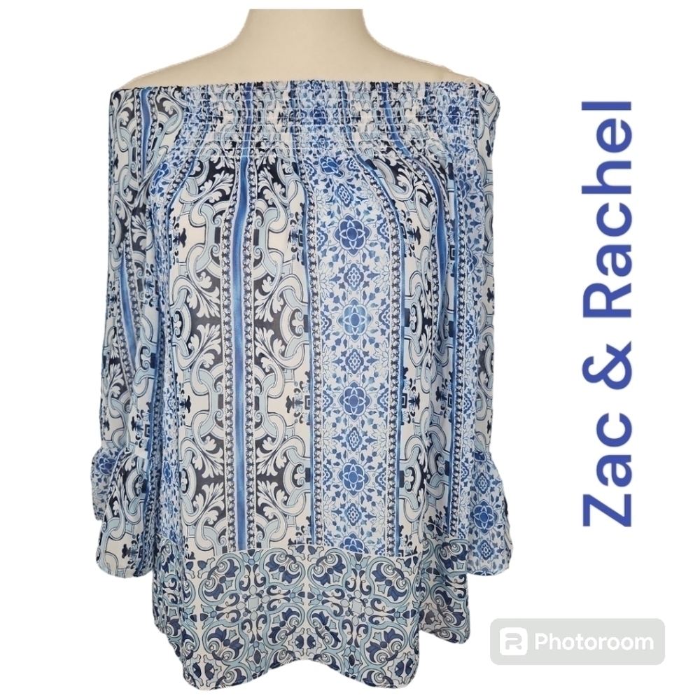 Zac and Rachel Off Shoulder 3/4 Bell Ruffled Sleeve Boho Top Shearred Neck